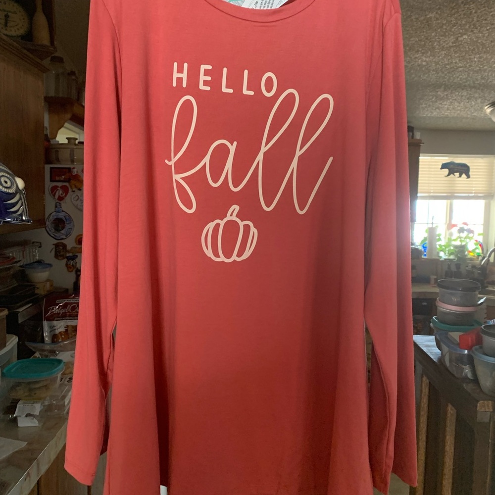 LuLaRoe Sharon Hello Fall Long Sleeve Tee - Coral with Cream Print 2XL